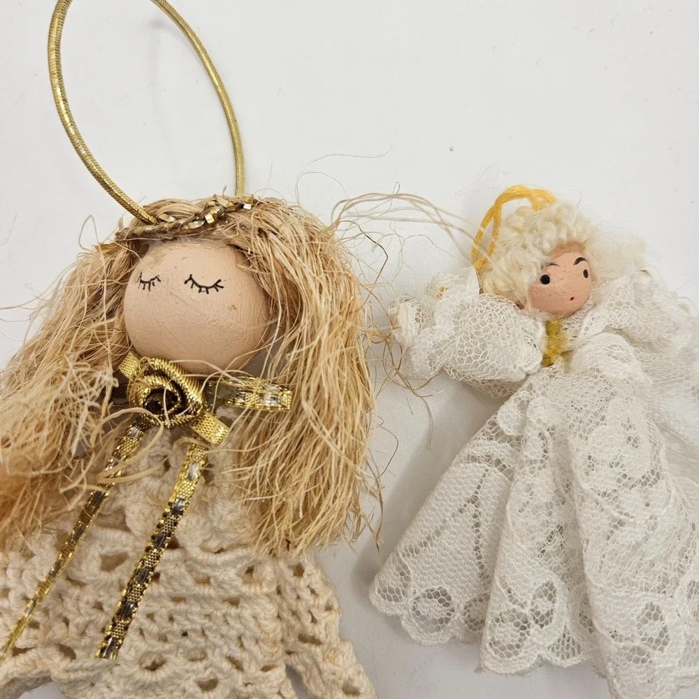 Vintage Handmade Angel Christmas Ornaments Lot of 2 Crochet Lace Wood‎ Head